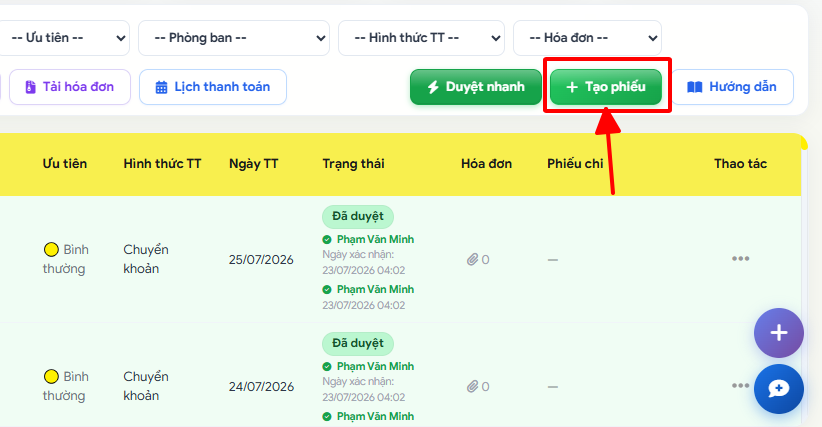 Tạo phiếu đề xuất thanh toán