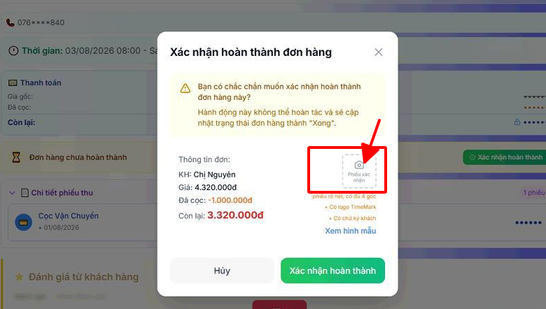 Upload hình xác nhận đơn hàng